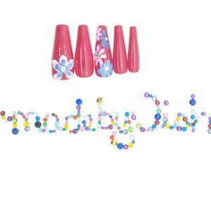 Red Blue Pink Floral Long Ballerina Press On Nails